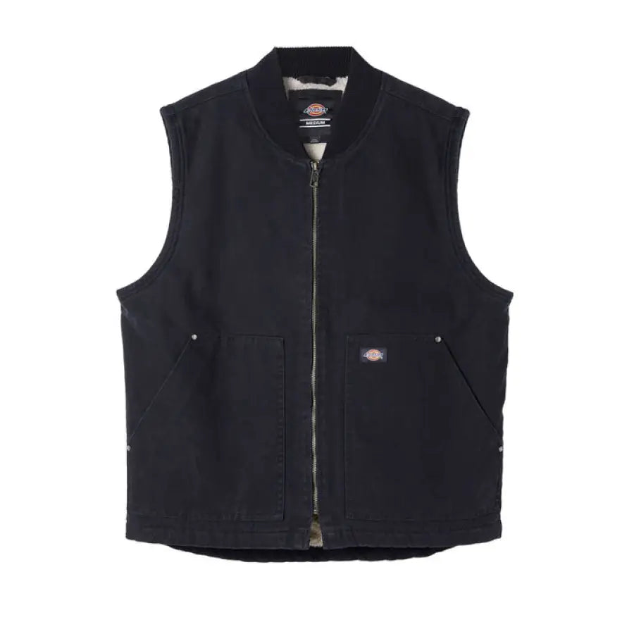 Dickies men gilet featuring a black vest with zipper and white button