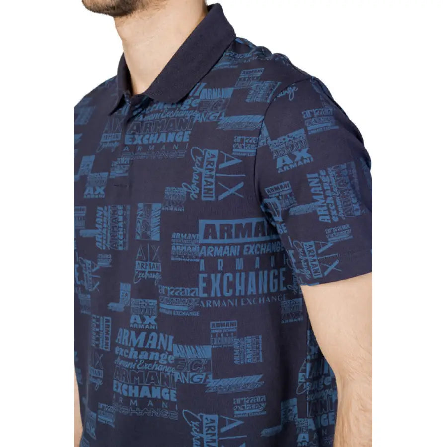 
                      
                        Man in Armani Exchange blue patterned shirt for urban style clothing
                      
                    